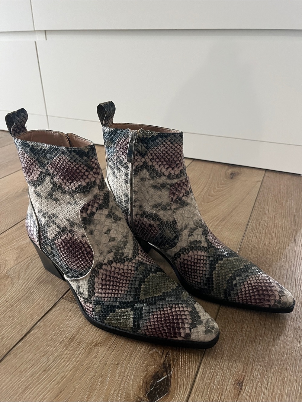 Zara Snakeskin-Print Ankle Boots in Cream, Pink, Black